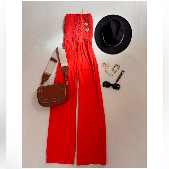 other Pants - Vibrant Red/Orange Jumpsuit with Flowing Silhouette and Ruching Detail